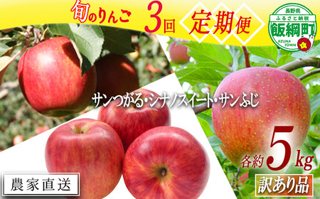 【 令和8年度収穫分 /　定期便 3回 】 りんご 定期便 訳あり5kg × 3回 宮本ファーム 沖縄県への配送不可 2026年9月上旬頃から2026年12月上旬頃まで順次発送予定 《 サンつがる シナノスイート サンふじ 》 リンゴ 林檎 訳アリ わけあり 不揃い 果物 くだもの フルーツ 長野県 飯綱町 [1823]