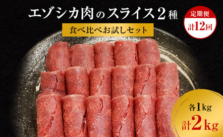 【12か月定期便】エゾシカ肉のスライス2種食べ比べ満足セット(計2kg) 南富フーズ株式会社 鹿肉 ジビエ 鹿 詰め合わせ 肉 北海道 南富良野町 エゾシカ セット 詰合せ 食べ比べ 