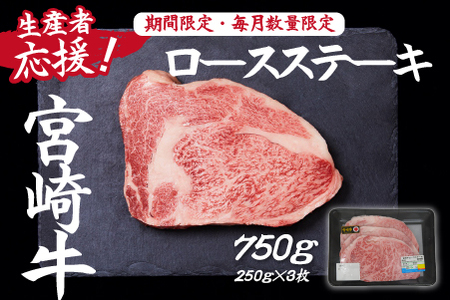 【生産者応援！】宮崎牛ロースステーキ750g（250g×3枚 宮崎牛 和牛 国産 牛肉 霜降り ステーキ ロース 冷凍 送料無料） ステーキ 和牛ステーキ 牛肉ステーキ 国産ステーキ ロースステーキ