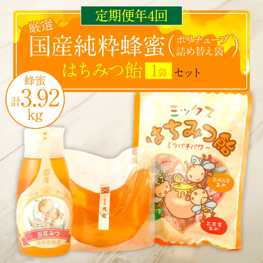 【定期便 年4回】【厳選】ポリチューブ蜂蜜＆詰め替え袋+蜂蜜あめ袋
