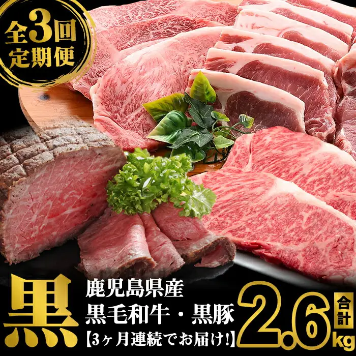 ＜定期便・全3回＞鹿児島県産 黒毛和牛・黒豚を堪能できる定期便(合計2.6kg) t0072-002