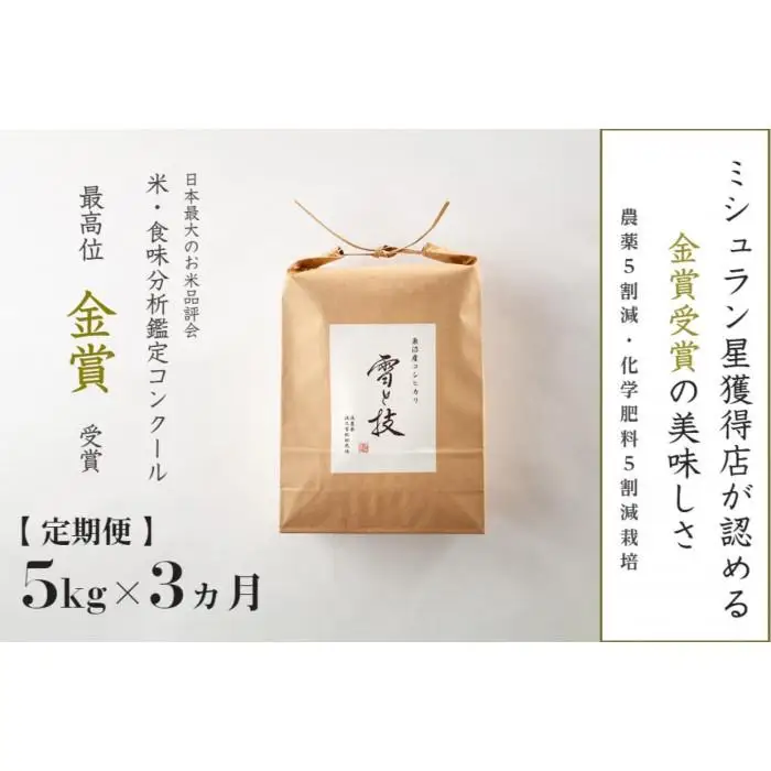≪ 令和7年産 ≫【 定期便 】 5kg × 3ヶ月 金賞受賞 魚沼産コシヒカリ 雪と技　農薬5割減・化学肥料5割減栽培