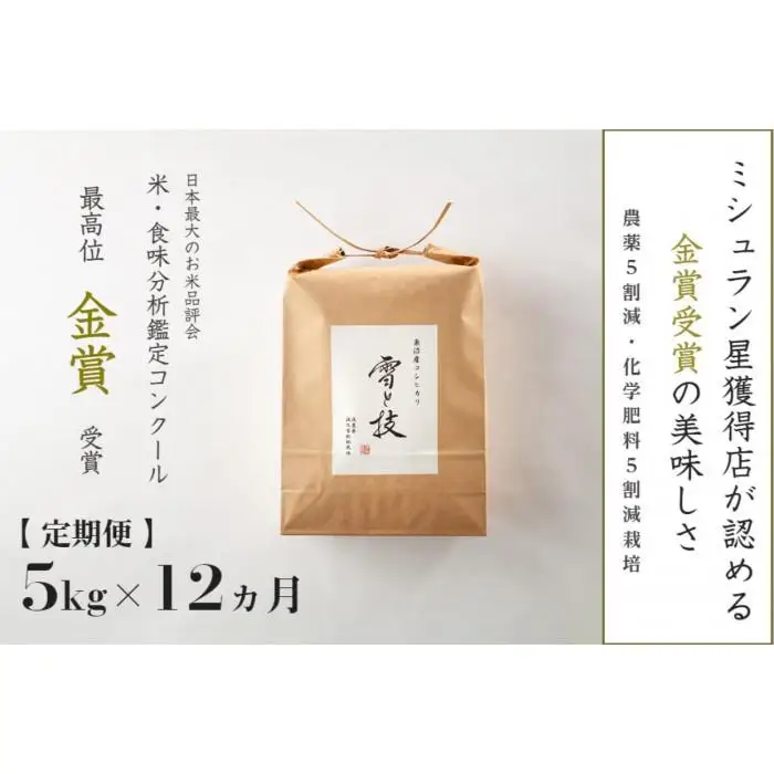 ≪ 令和7年産 ≫【 定期便 】 5kg × 12ヶ月 金賞受賞 魚沼産コシヒカリ 雪と技　農薬5割減・化学肥料5割減栽培