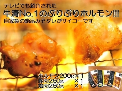 1505　自家製 みそダレ Bセット　　牛ホルモン 200ｇ 豚肉 鶏肉 各１ / 黒毛和牛ホルモン 牛清 バーベキュー BBQ キャンプ 牛肉 ぶた肉 とり肉 特製 味噌漬 味付 伊勢志摩 三重 伊勢