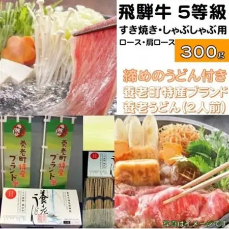 飛騨牛 5等級　すき焼き・しゃぶしゃぶ用　300g(ロース・肩ロース)養老うどん付(2人前)【配送不可地域：離島】【1380166】
