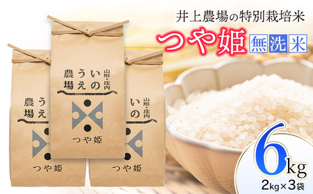 【令和7年産】 井上農場の特別栽培米 つや姫 無洗米 6kg（2㎏×3袋）　K-756　山形県鶴岡市