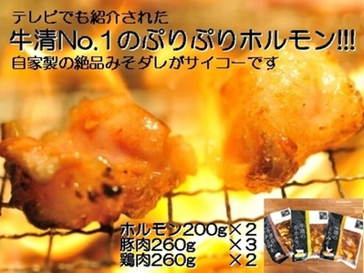 1513　自家製 みそダレ Jセット　　牛 ホルモン 200ｇ×2 豚肉 ×３ 鶏肉 ×２/ 黒毛和牛ホルモン 牛清 バーベキュー BBQ キャンプ 牛肉 ぶた肉 とり肉 特製 味噌漬 味付 伊勢志摩