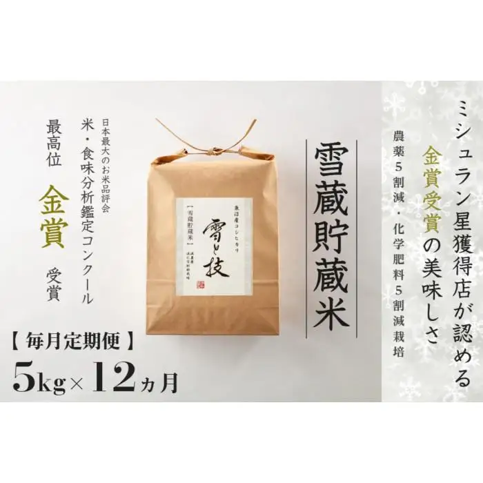 ≪ 令和7年産 ≫【 定期便 】 5kg ×12ヶ月《 雪蔵貯蔵米 》 金賞受賞 魚沼産コシヒカリ 雪と技　農薬5割減・化学肥料5割減栽培