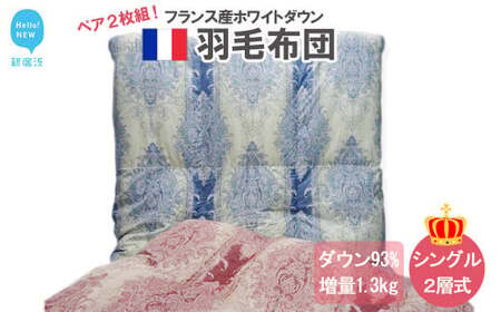 ペアでお届け  羽毛布団 ペア シングル （G-07）2枚 セット フランス産ホワイトダウン93％ ツインキルト2層式 抗菌 防臭