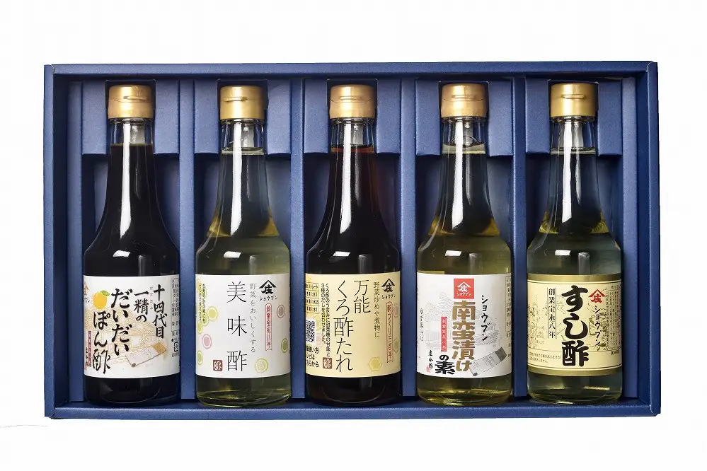 ★お中元★万能調味酢5本セット (十四代目一精のだいだいぽん酢・美味酢・万能くろ酢たれ・南蛮漬けの素・すし酢) 便利でお料理に活躍！