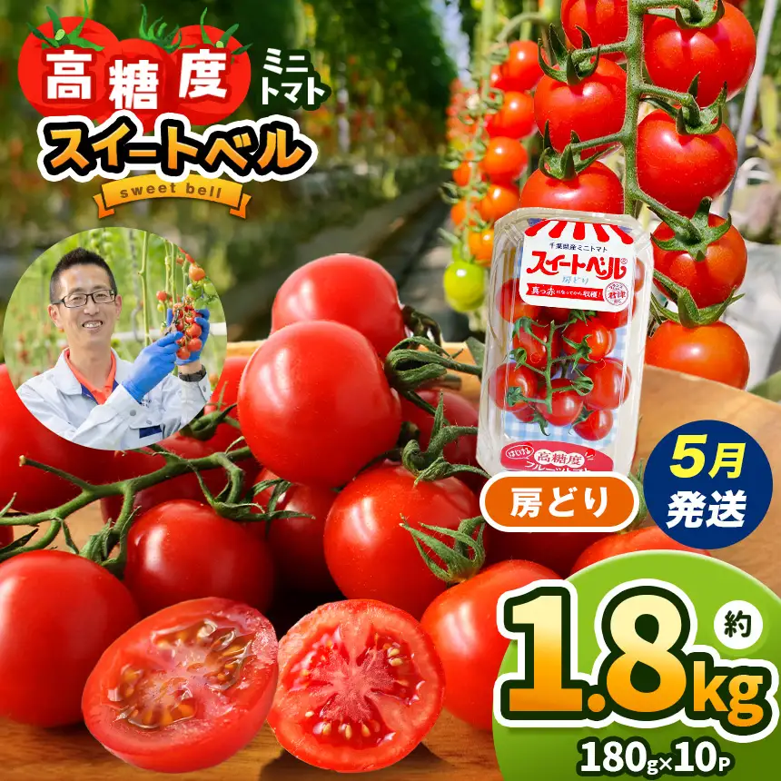 5月発送】 高糖度 ミニトマト スイートベル （ 房どり ） 180g × 10P