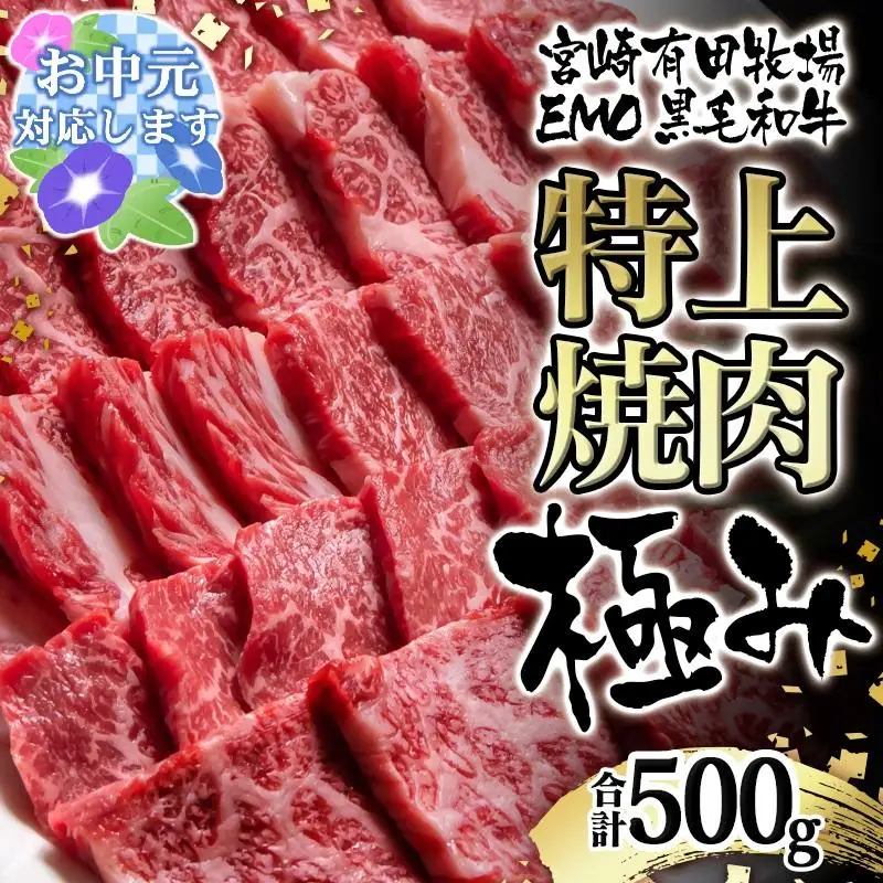 【お中元ギフト】黒毛和牛稀少部位を含む 特上焼肉極み500g 有田牧畜産業ブランドEMO牛 牛肉 焼肉 国産牛肉＜14-13a＞