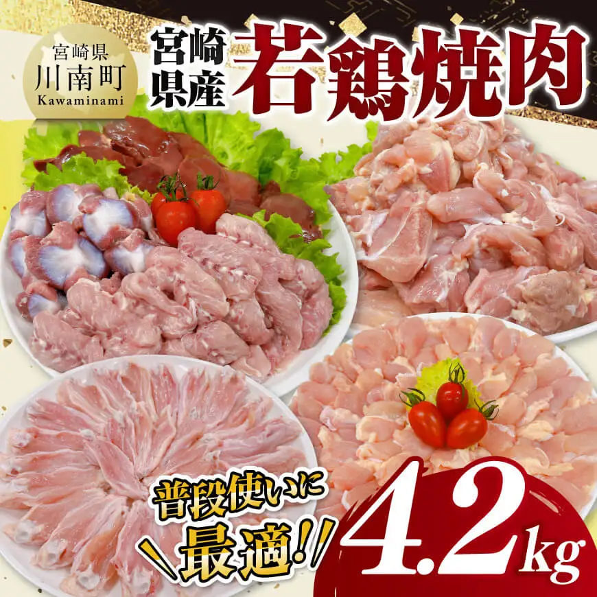 宮崎県産 若鶏 焼肉 4.2kg 【 もも 砂肝 小肉 チキンリブ 肩肉 鶏肉 とり肉 真空パック 】