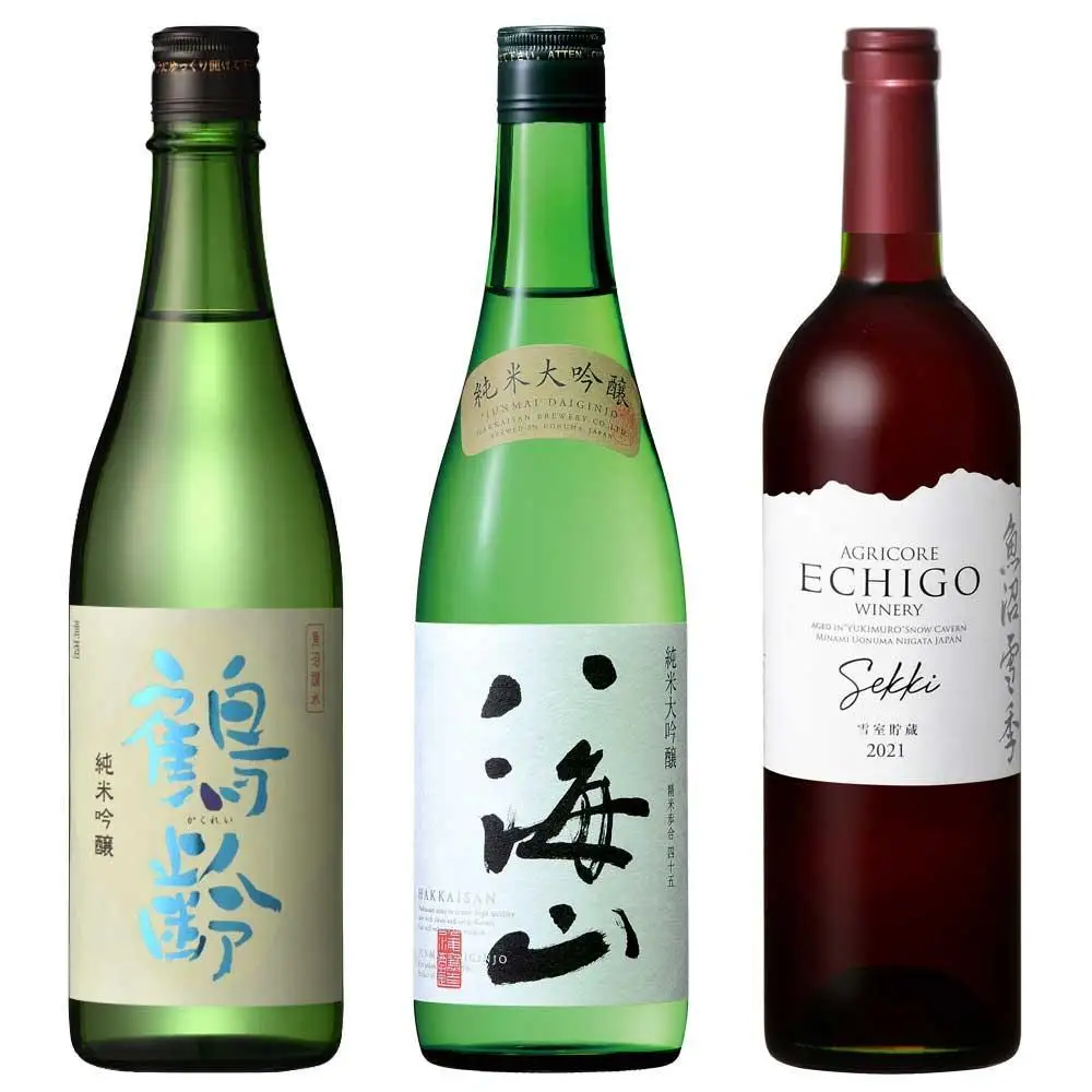鶴齢 720ml・八海山 720ml・越後ワイン 750ml　3本セット【八海山 鶴齢 越後ワイン 赤ワイン 四合瓶 3本 セット 日本酒 新潟 地酒 厳選 晩酌 熱燗 お酒 酒 さけ お中元 お歳暮 贈答】