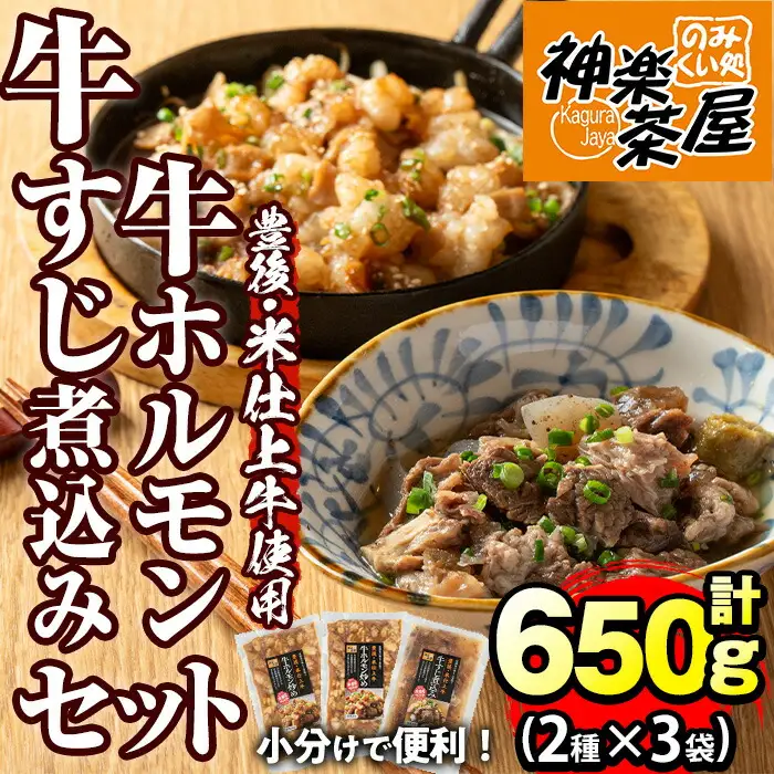 豊後米仕上げ牛牛すじ煮込み＋牛ホルモン炒めセット(合計650g・3パック)牛肉 お肉 小腸 おかず おつまみ 小分け 簡単調理 惣菜 時短【111100402】【神楽茶屋】