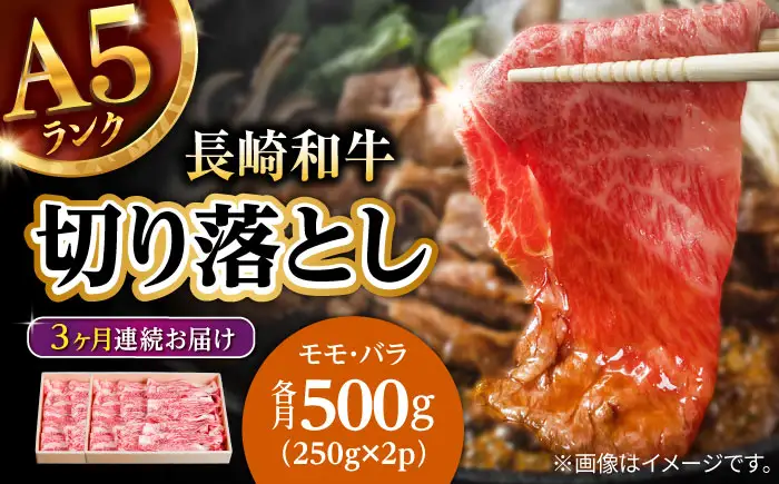 【3回定期便】長崎和牛 A5 赤身 切り落とし(モモ・バラ) 500g(250g×2) / 牛肉 和牛 モモ もも バラ バラ肉 すき焼き A5ランク 小間切れ / 諫早市 / 野中精肉店 [AHCW012]