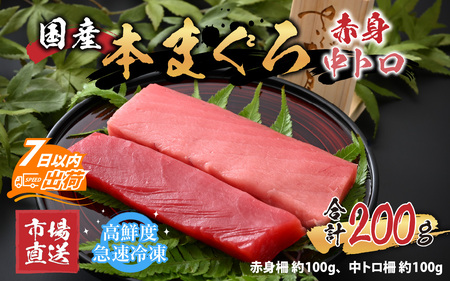 【市場直送】高鮮度急速冷凍 国産本まぐろ 赤身＆中トロ 2種セット 各約100ｇ（柵） 合計約200g[A-065006] / まぐろ