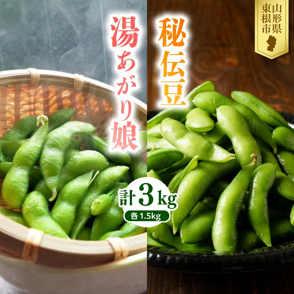 【2026年 全2回 枝豆定期便】 「湯あがり娘」と「秘伝豆」 各1.5kg よってけポポラ提供 hi003-164 （枝豆 えだまめ 湯あがり娘 秘伝豆 250g×12袋 食べ比べ 定期便 セット たっぷり 3kg ビール おつまみ たっぷり 送料無料 特産品 お手軽 お酒 おかず 弁当 時短 ずんだ 晩酌 東北 山形県 東根市）