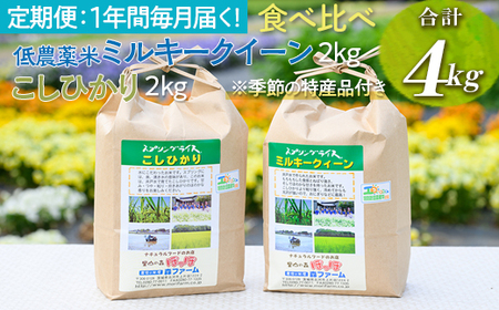 【定期便】1年間毎月届く！低農薬米ミルキークイーン2kg＋こしひかり2kg 食べ比べ 合計4kg ※季節の特産品付き | 米 こめ コメ ご飯 玄米 単一米 国産 茨城県産 _BI92