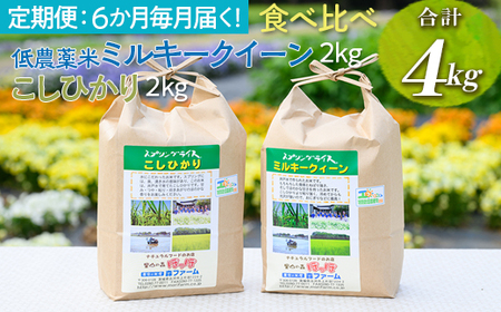 【定期便】6か月毎月届く！低農薬米ミルキークイーン2kg＋こしひかり2kg 食べ比べ 合計4kg | 米 こめ コメ ご飯 玄米 単一米 国産 茨城県産 _BI94