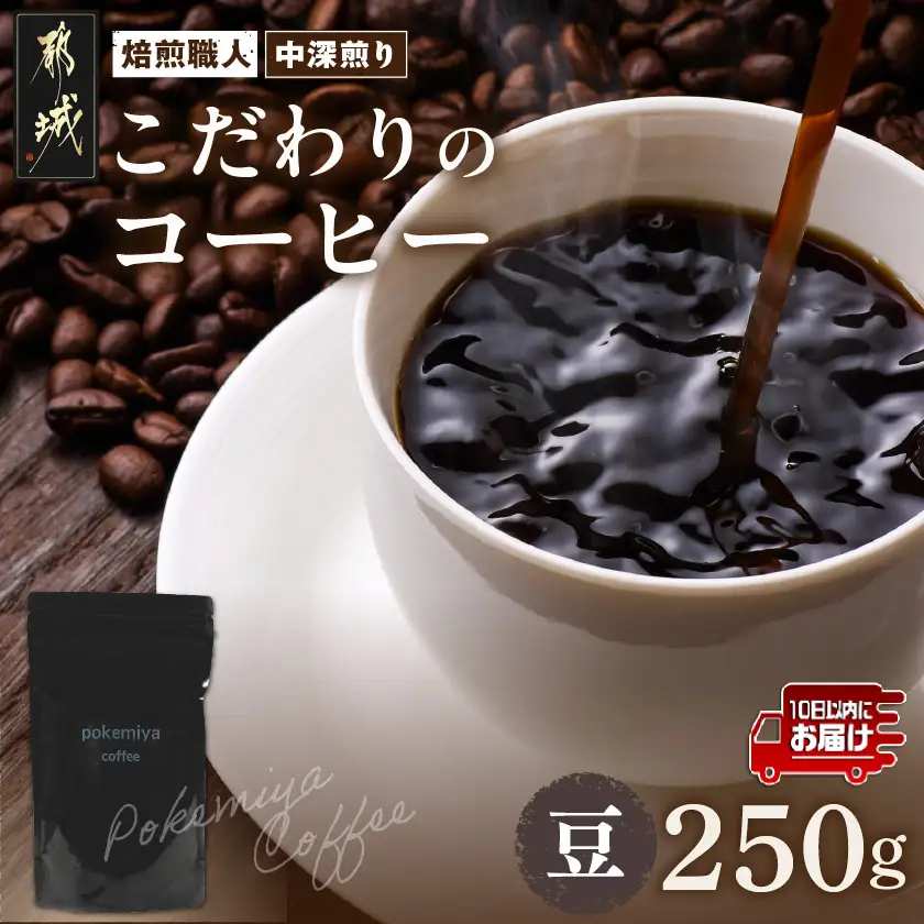 焙煎職人こだわりのコーヒー【豆】250g 小分けパック(ジッパー・バルブ付) ※中深煎り※ポスト投函≪みやこんじょ特急便≫_LA-3303-Q _(都城市) 保存に便利 珈琲