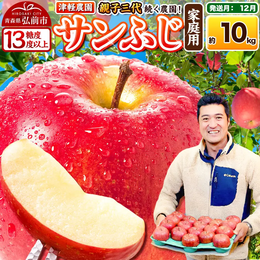 【26年12月発送】りんご【糖度13度以上】サンふじ【家庭用】約10kg 26～40玉程度 津軽農園