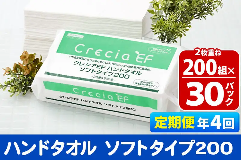 《3ヶ月ごとに4回お届け》定期便 ハンドタオル クレシアEF ソフトタイプ200 2枚重ね 200組(400枚)×30パック