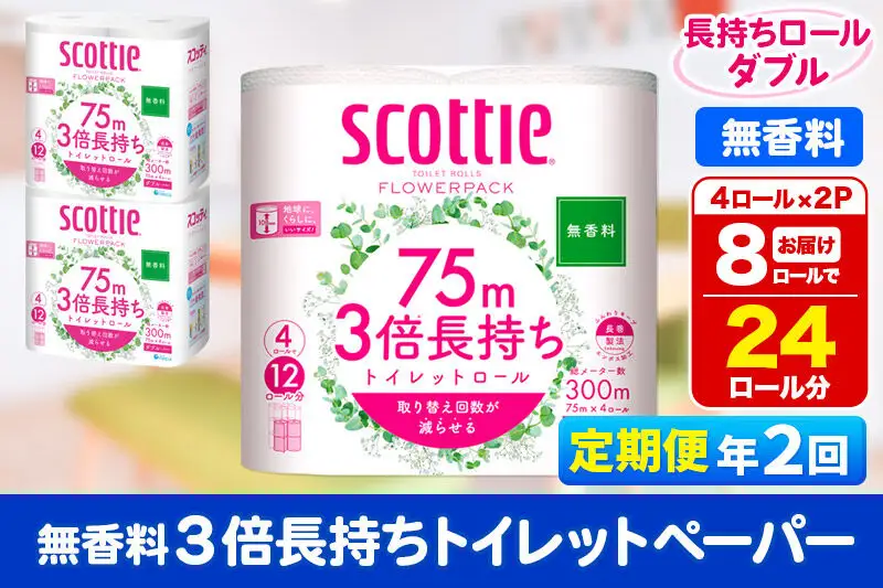 《6ヶ月ごとに2回お届け》定期便 トイレットペーパー スコッティ フラワーパック 3倍長持ち〈無香料〉4ロール(ダブル)×2パック 秋田市オリジナル 新生活