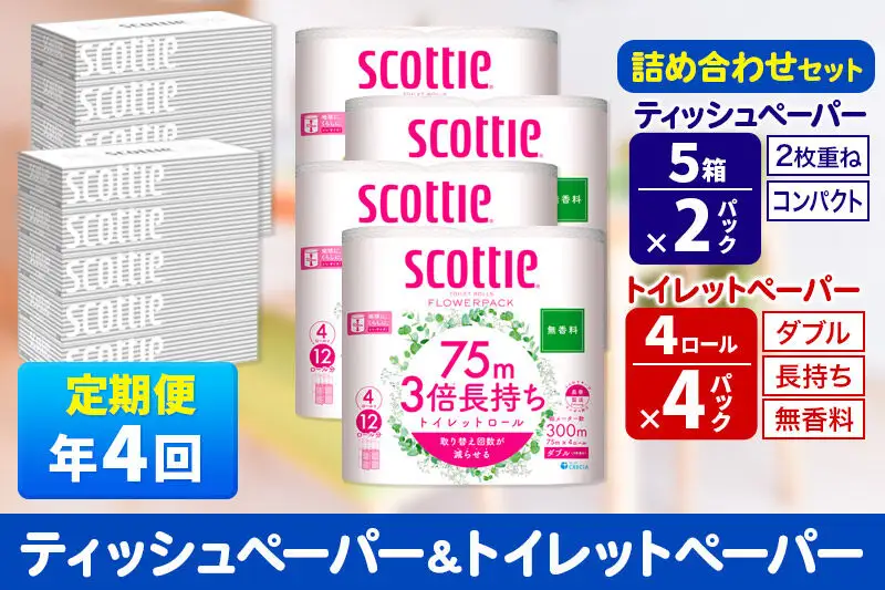 《3ヶ月ごとに4回お届け》定期便 トイレットペーパー スコッティ 3倍長持ち 無香料 4ロール(ダブル)×4P ＆ ティッシュペーパー スコッティ10箱(5箱×2P) 秋田市オリジナル 新生活