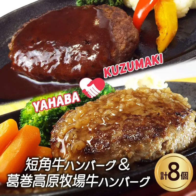 岩手県　矢巾町と葛巻町の人気返礼品 ハンバーグの食べ比べ合計8個/肉 高級 牛 牛肉 和牛 ブランド牛 短角牛 国産牛 くずまき葛巻 くずまき 高原牛 個包装 バーベキュー アミノ酸 イノシン酸 おいしい 冷凍 小分け 共通 返礼品 おすすめ おかず 夕食 お弁当 ランチ はんばーぐ 夕飯 お祝い 父の日 母の日 送料無料 プレゼント ギフト 贈答 おすすめ