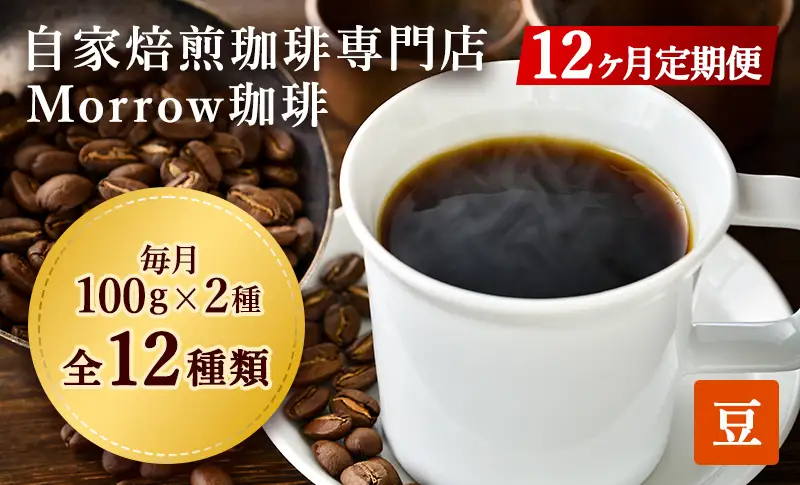 コーヒー豆 定期便 12ヶ月 自家焙煎 Morrow珈琲 2種 各100g セット 詰め合わせ レギュラーコーヒー 珈琲 コーヒー 珈琲豆 ドリップコーヒー ドリップ 自家焙煎珈琲 自家焙煎コーヒー 12回 1年 お楽しみ 福岡 福岡県 小郡市