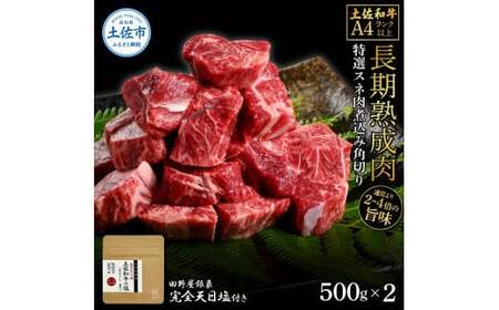 土佐和牛 特選スネ肉煮込み角切り500g×2 田野屋銀象完全天日塩2P付き 1kg 1キロ 長期熟成肉 田野屋銀象 完全天日塩付き スネ肉 煮込み 角切り 肉【株式会社LATERAL】 [BQAU046]