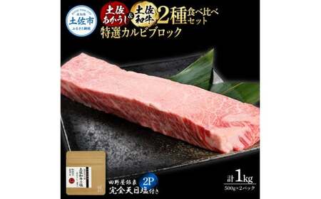 土佐あかうし＆土佐和牛2種食べ比べ 特選カルビブロック500g 計2P 田野屋銀象完全天日塩2P付 牛肉 肉 お肉 和牛 国産 牛 赤身 ヒレ カルビ ロース【株式会社LATERAL】 [BQAU072]