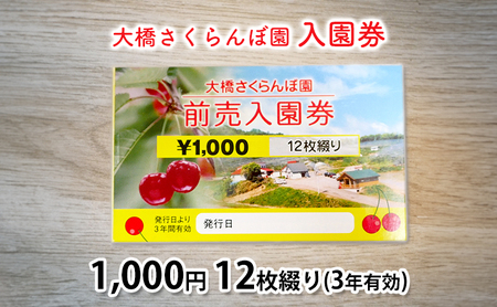 体験 北海道 芦別 大橋さくらんぼ園 入園券 金券 1000円 12枚綴り 3年有効 さくらんぼ フルーツ狩り フルーツ 果物 季節のフルーツ 旬 旬のフルーツ チケット 券 農園 体験型 返礼品 子供 大人 収穫体験 プレゼント ギフト 贈答 芦別市