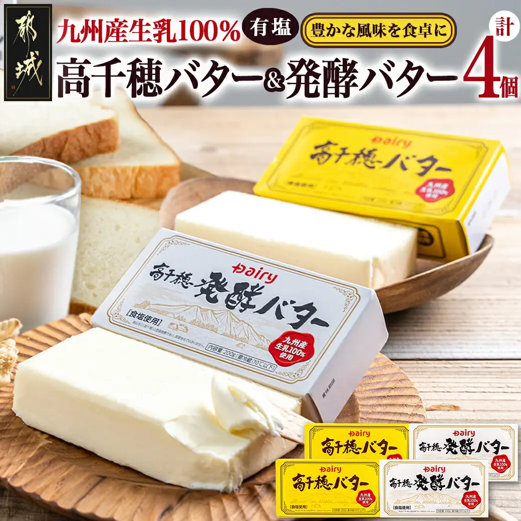 高千穂バター&発酵バター各2個セット〔12-2302〕_(都城市) 高千穂バター 高千穂発酵バター有塩タイプ メタルチャーン製法 南日本酪農 バター