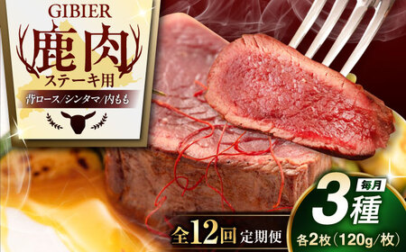 【全12回定期便】鹿肉 ステーキ 3種 セット ( 背ロース シンタマ 内もも 各2枚 ) 鹿肉 ステーキ 赤身 [AJAO025]