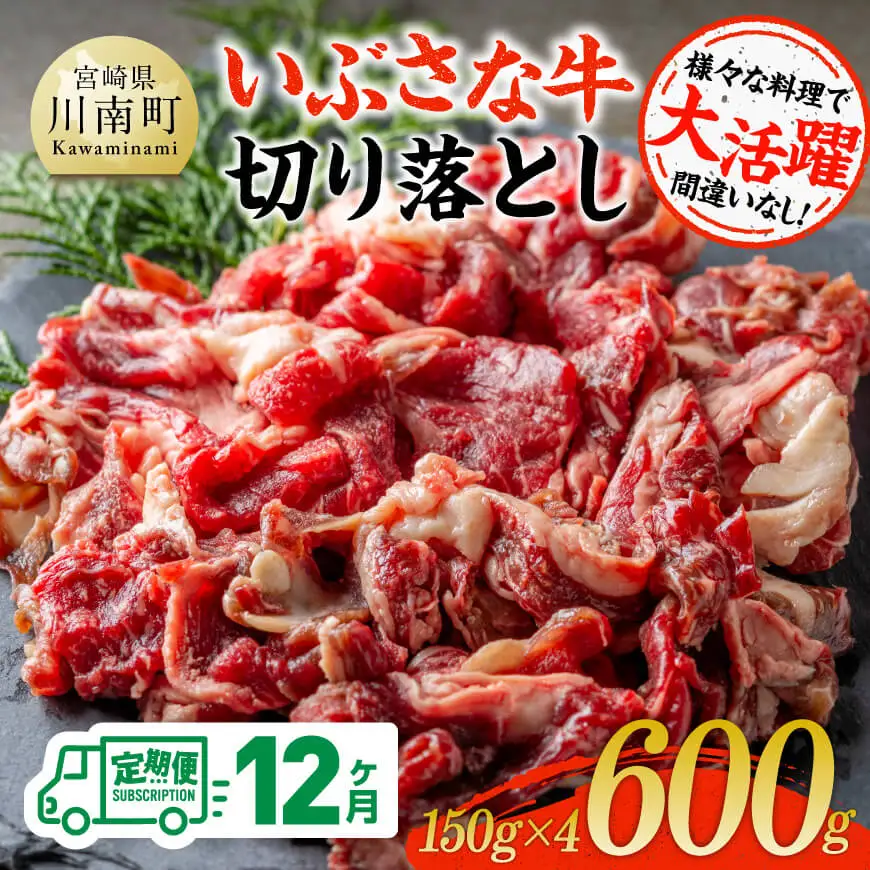 【12ヶ月定期便】いぶさな牛切り落とし 600g (150ｇ×4パック)  【 宮崎県産 牛 焼肉 黒毛和牛 定期便 】