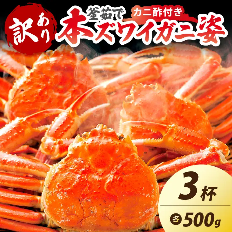 【大好評！カニ酢付き】訳あり！釜茹で！本ずわいがに姿 500g×3杯 カニ