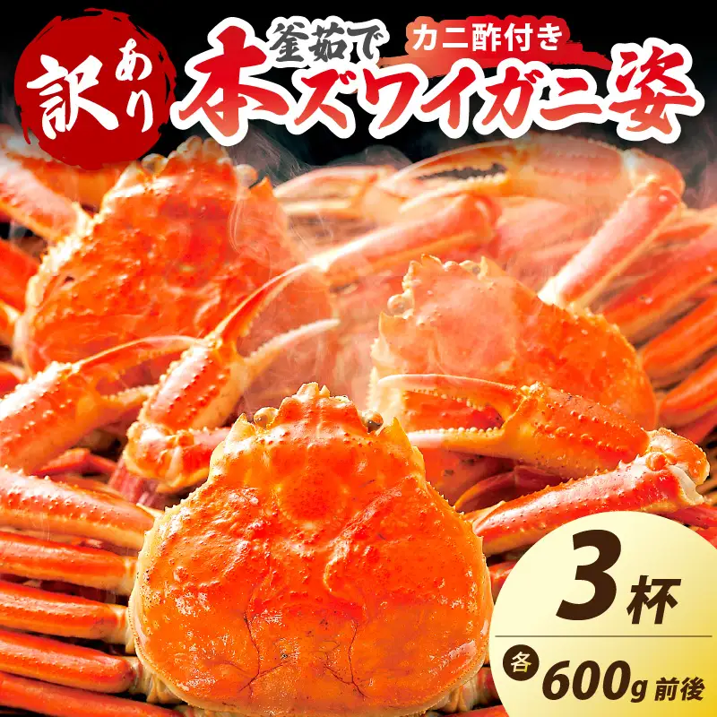 【大好評！カニ酢付き】訳あり！釜茹で！本ずわいがに姿 600g×3杯 カニ