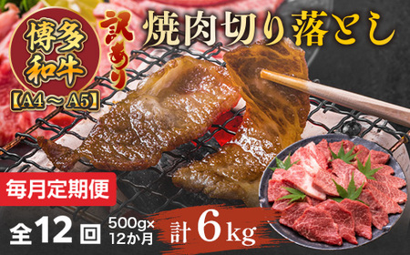 【毎月定期便】訳あり!【A4～A5】博多和牛焼肉切り落とし 500g 全12回　AO091