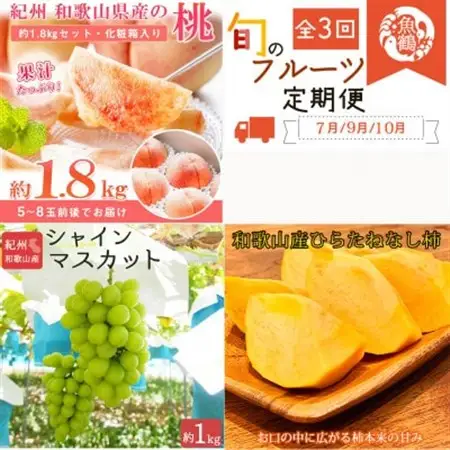 【発送月固定定期便】紀州和歌山産旬のフルーツセット(桃・シャインマスカット・ひらたねなし柿)全3回【配送不可地域：離島・北海道・沖縄県】【4052593】