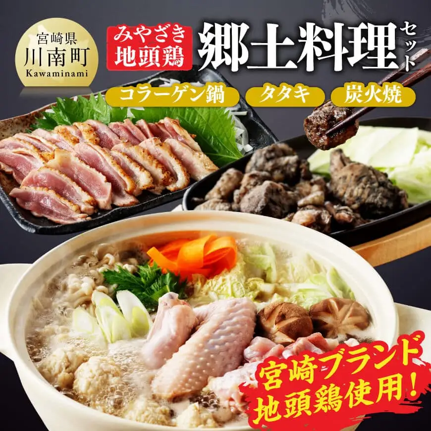 みやざき 地頭鶏　郷土料理(コラーゲン鍋・タタキ・炭火焼)セット【 鶏 肉 鶏肉 国産 とり 九州産 鳥 宮崎県産 炭火焼 たたき タタキ 鍋 セット 】