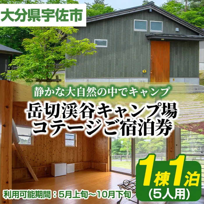 岳切渓谷キャンプ場 ご宿泊券(コテージ5人用・1棟1泊)アウトドア 体験 キャンプ チケット 旅行 宿泊【104800200】【宇佐市役所院内支所産業建設課】