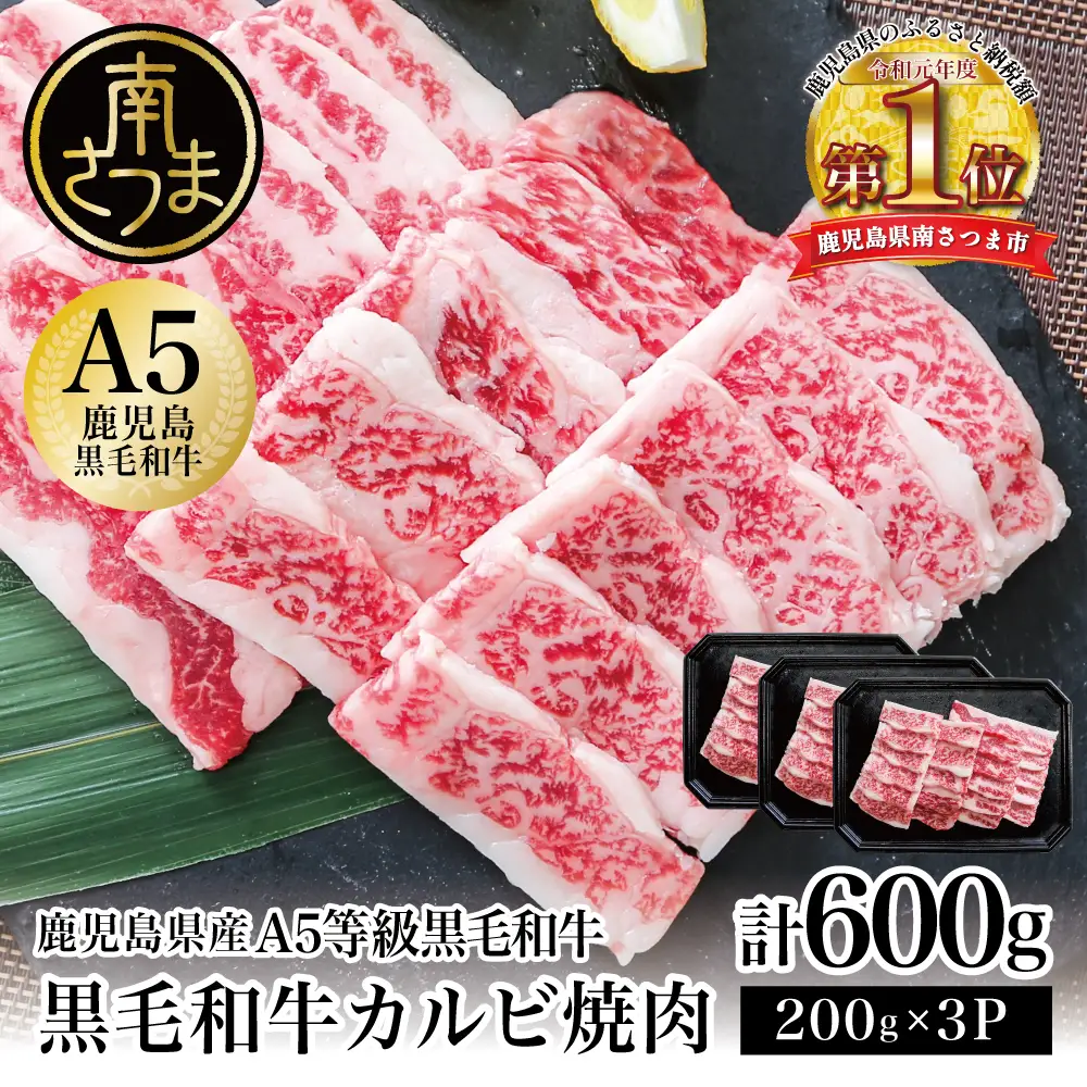 【鹿児島県産】A5等級黒毛和牛 カルビ焼肉 計600g（200g×3P） 国産牛 牛肉 国産 焼き肉 カミチク BBQ バーベキュー アウトドア バラ 丼 プレート 小分けパック 冷凍