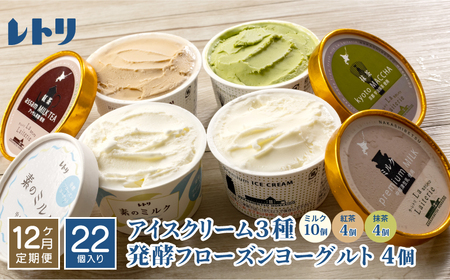 【定期便：全12回】北海道 アイスクリーム3種×18個（ミルク・紅茶・抹茶）とフローズンヨーグルト×4個セット【1116001】