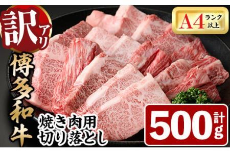 ＜訳あり・不揃い＞博多和牛焼肉切り落とし(肩ロース・バラ)(計500g) 牛肉 黒毛和牛 国産 BBQ 化粧箱 贈答 ギフト プレゼント ＜離島配送不可＞【ksg1405】【MEATPLUS】