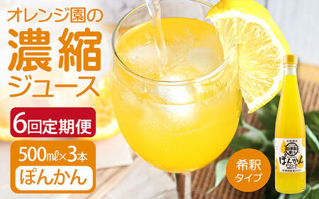 【6回定期便】オレンジ園の濃縮ジュース ぽんかん 500ml 3本 希釈用【J00112】