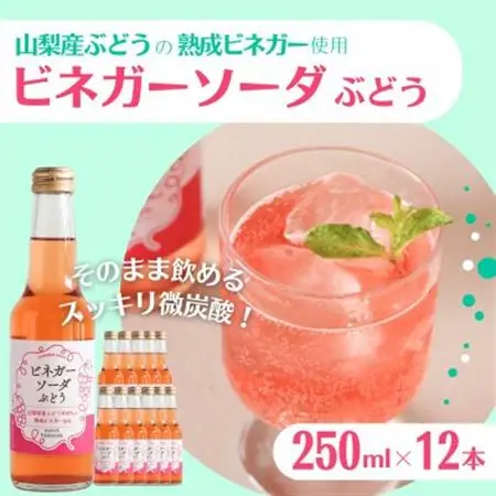 山梨産ぶどう100%の熟成ビネガーで造った!そのまま飲める「ビネガーソーダぶどう12本セット」【1518630】