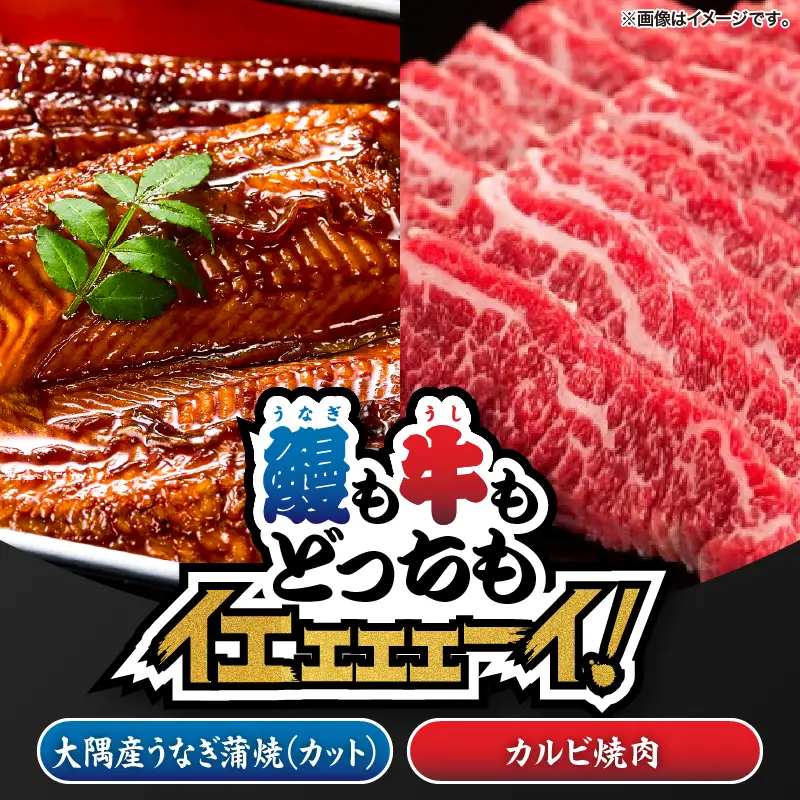 2473 【 鰻 も 牛 もどっちもイエェェェーイ！ 6 】 鹿児島県 大隅産 「 カット 」 うなぎ蒲焼80g×2枚 鹿児島和牛 ・ A5 カルビ 焼肉 200g KN050-027 肉 牛肉 魚 冷凍