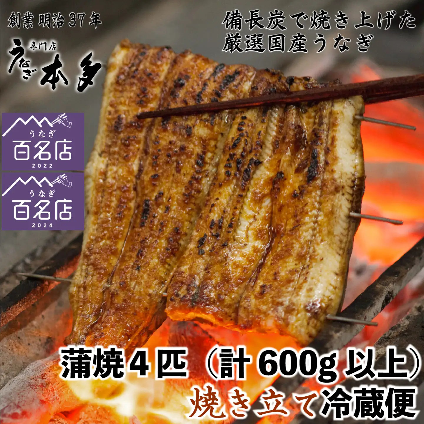 【冷蔵】国産 鰻 蒲焼《4尾》 600g以上 タレ・うなぎのミニおつまみ付 〜明治37年創業「本多」〜 | 国産 ウナギ 蒲焼 炭火焼 おつまみ タレ 秘伝 （Ab-015-2）